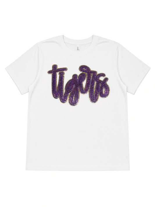 Tiger Sequin Ladies Crop Tee